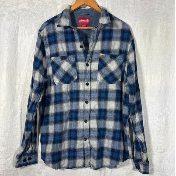 Coleman Flannel Button Up XL Blue White Plaid Long Sleeve - Picture 1 of 11